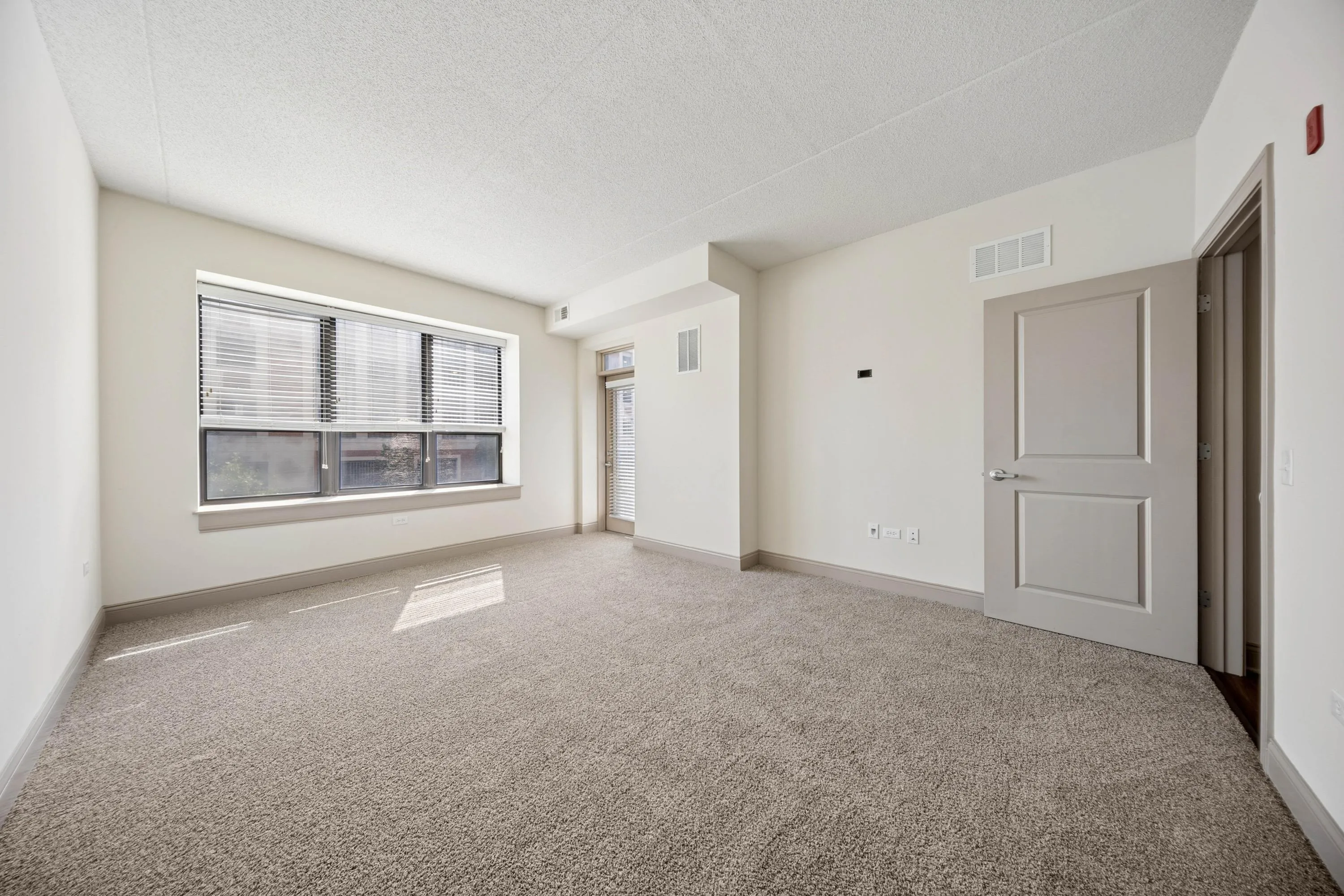 Bright and spacious carpeted room with ample natural light and large windows, ideal for a modern living space.