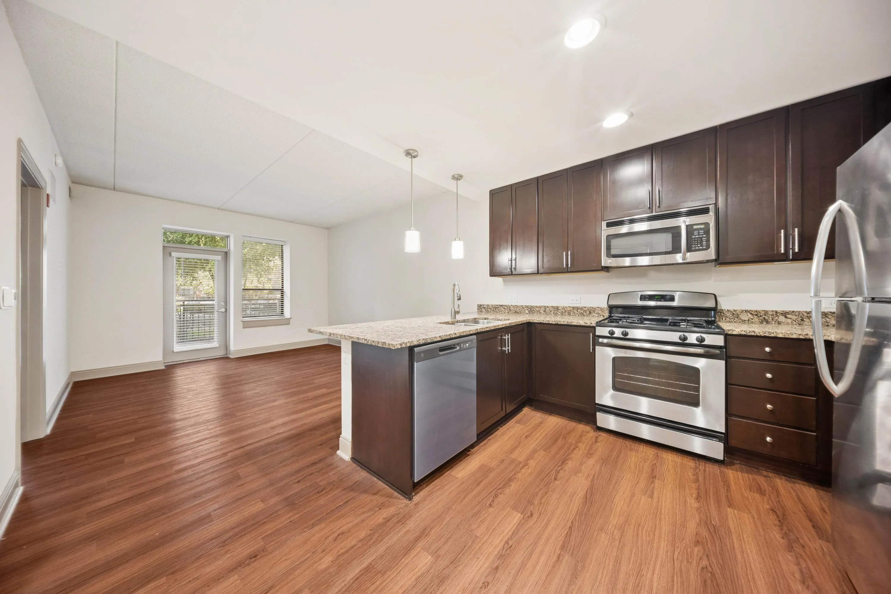 Sleek apartment kitchen with dark wood cabinets, modern appliances, and open-concept layout leading to a bright living area with natural light.