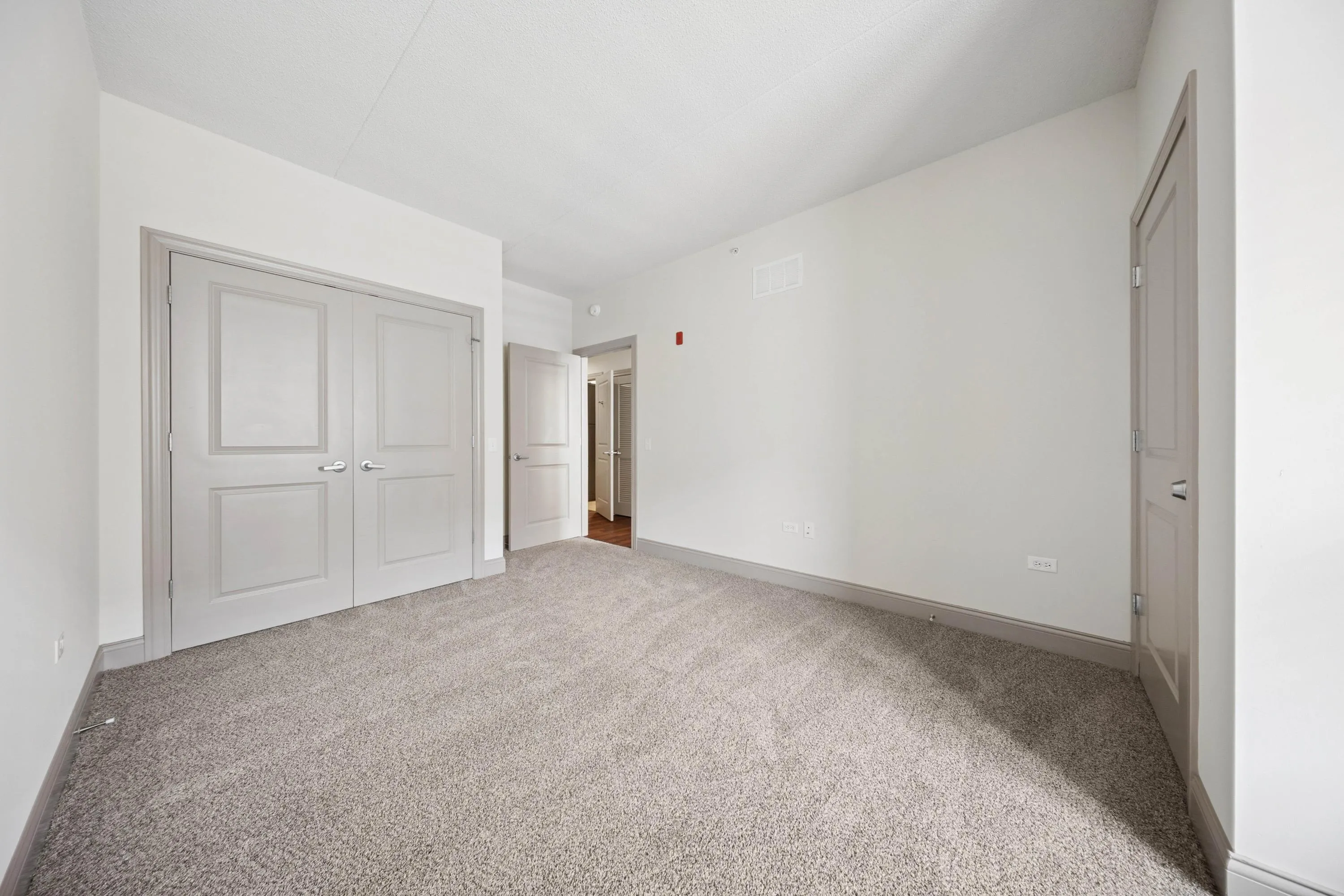 Bright and spacious bedroom with plush carpet and ample closet space, perfect for comfort and organization.
