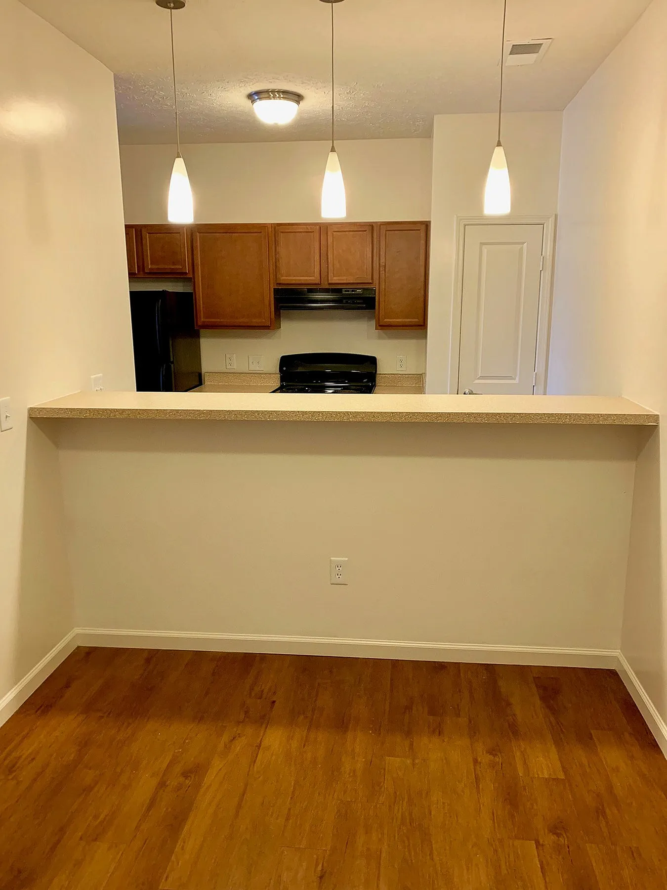 Modern apartment kitchen with sleek pendant lighting, stylish wood cabinets, and a cozy dining bar.