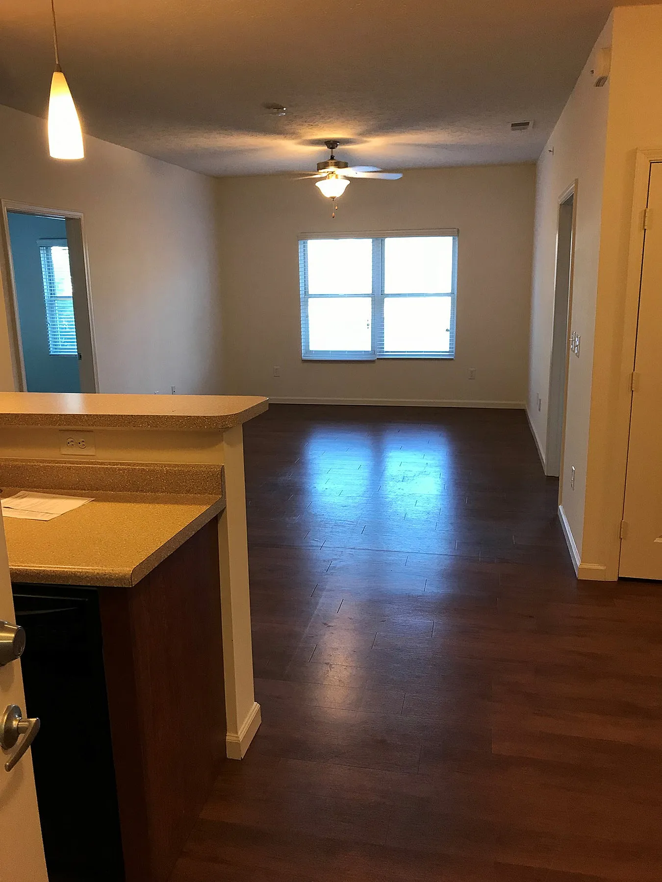 Modern apartment interior featuring sleek hardwood floors, bright open living space, and elegant overhead lighting.