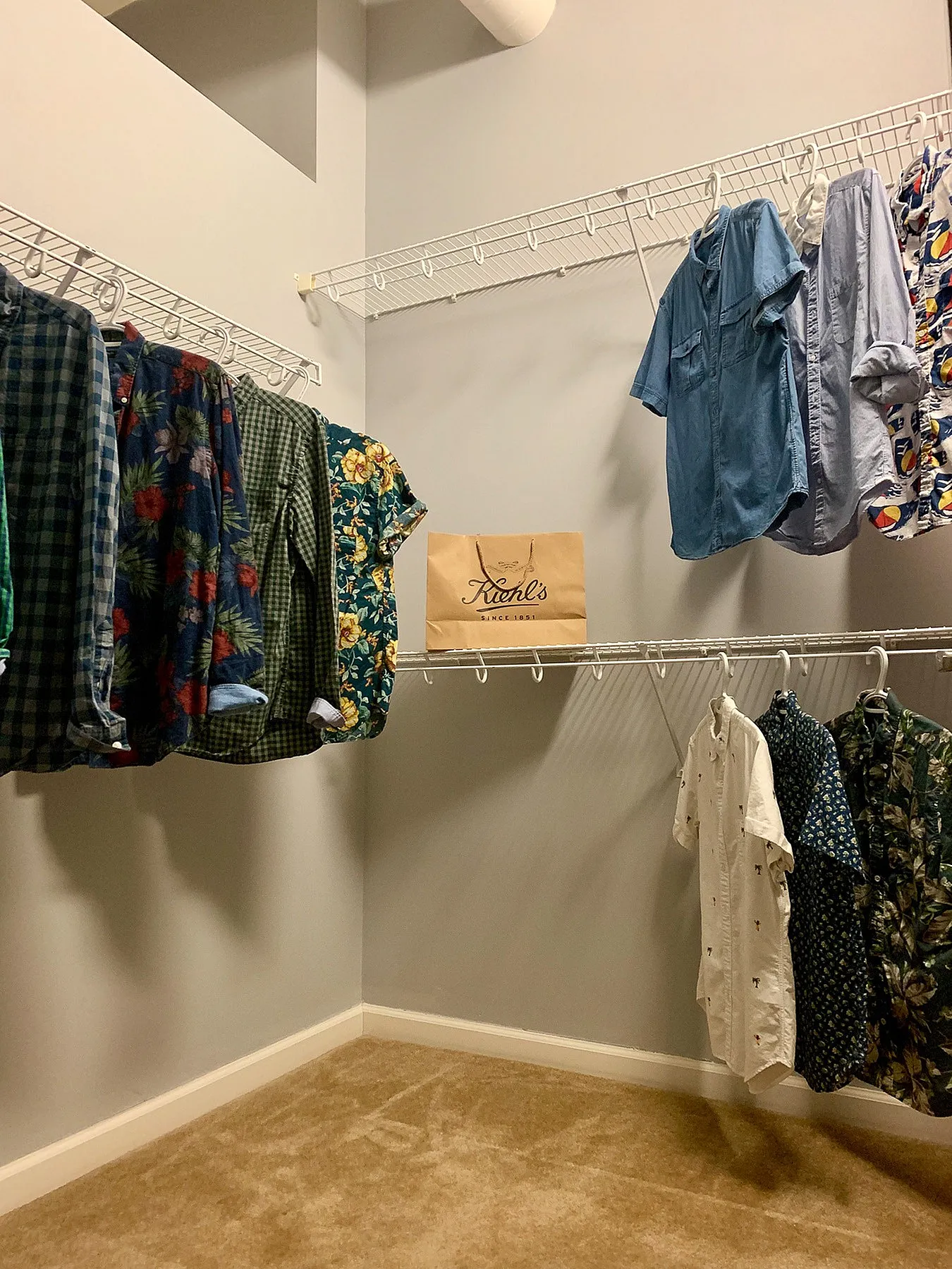 Spacious walk-in closet with ample shelving, showcasing organized vibrant shirts on hangers, perfect for stylish storage solutions.