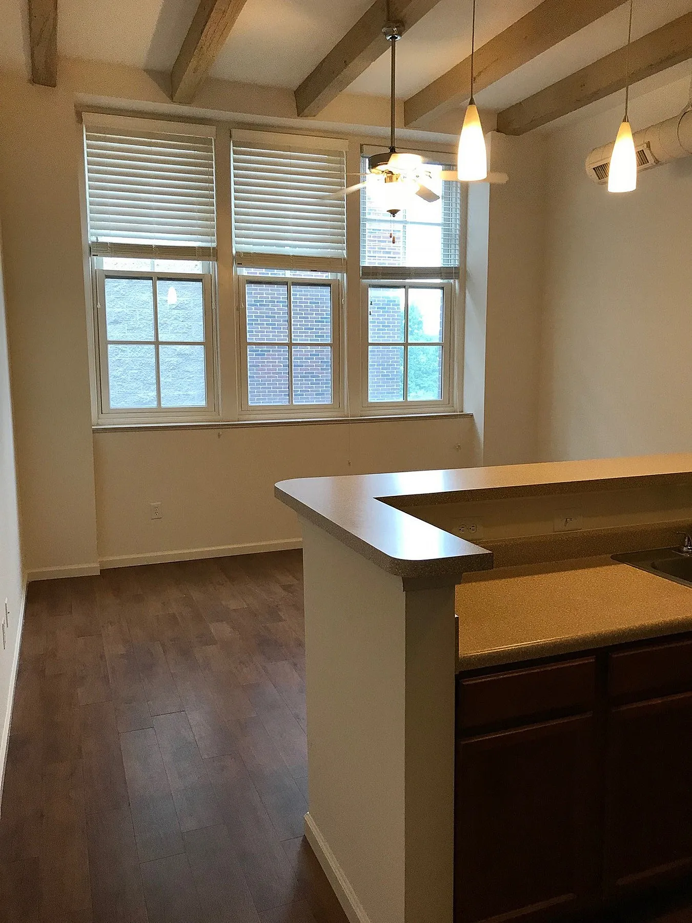 Charming apartment interior with large windows, warm wooden flooring, and modern pendant lighting.