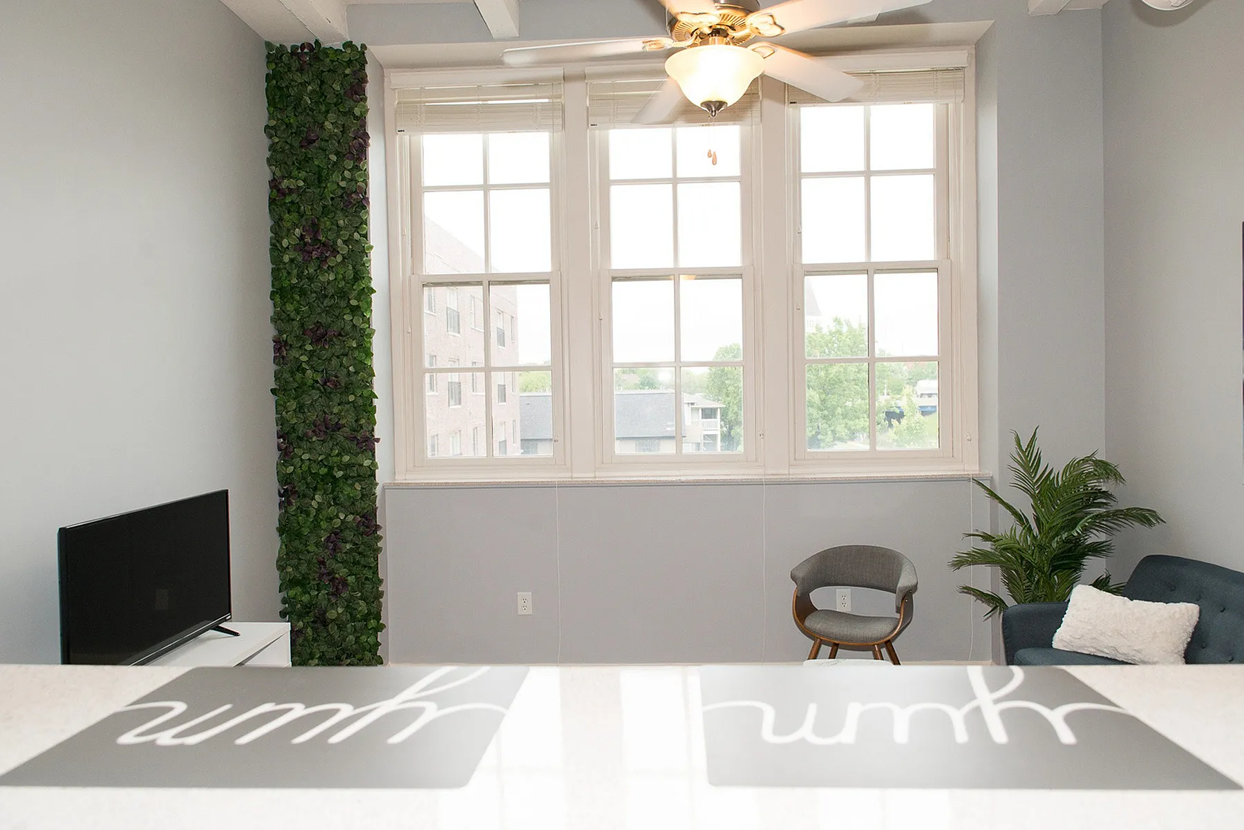 Bright and modern living space with large windows, elegant greenery, and contemporary decor.