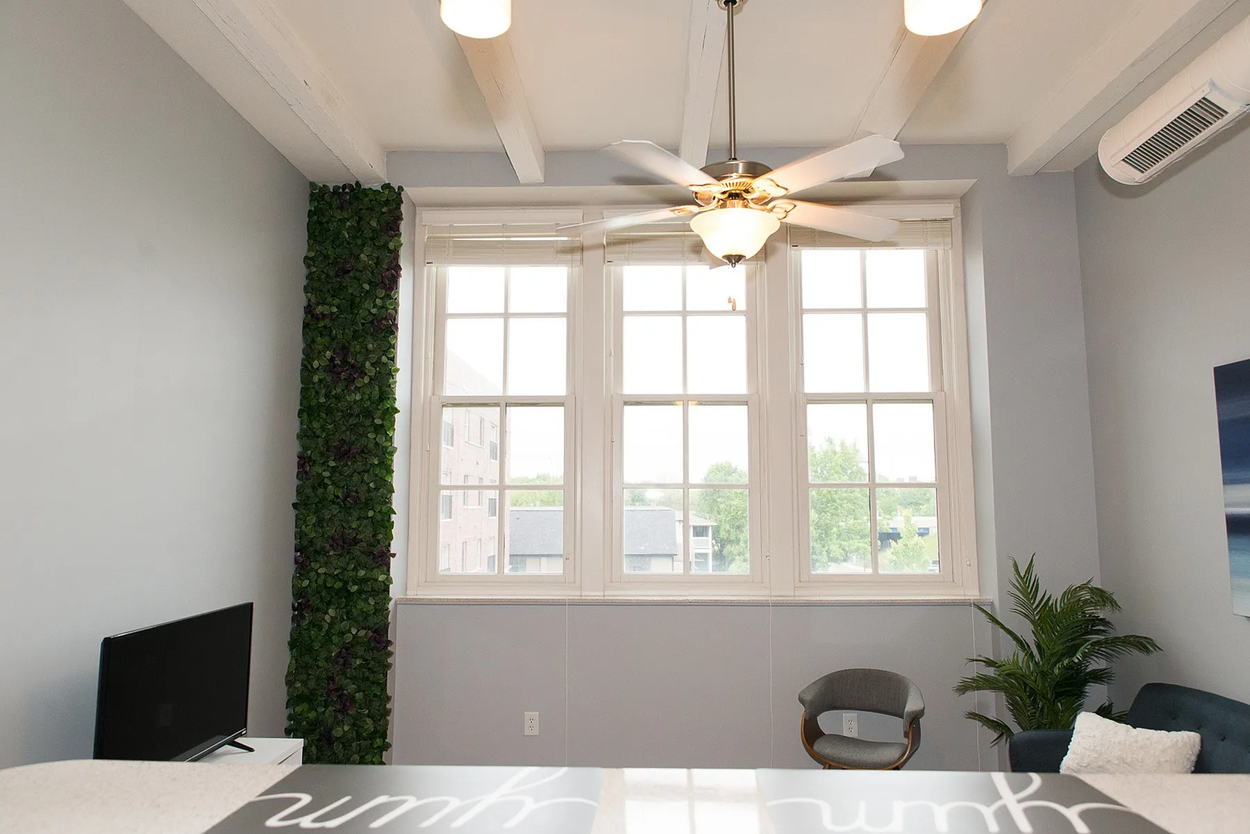 Bright and airy apartment living space with large windows, modern ceiling fan, green vertical plant decor, and cozy seating area.