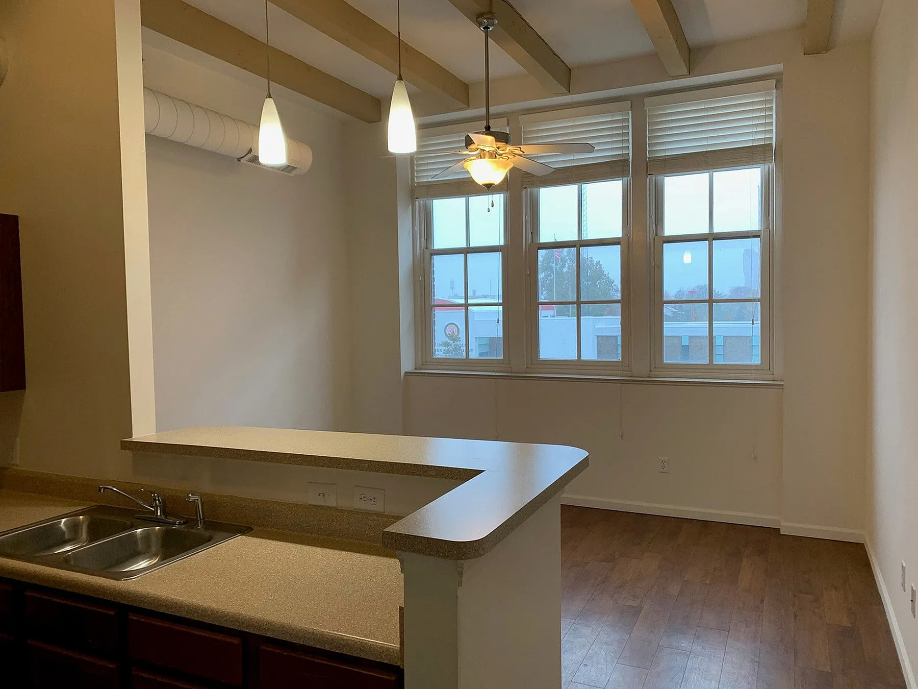 Charming and bright apartment kitchen featuring modern fixtures, warm wood flooring, and large windows with natural light.