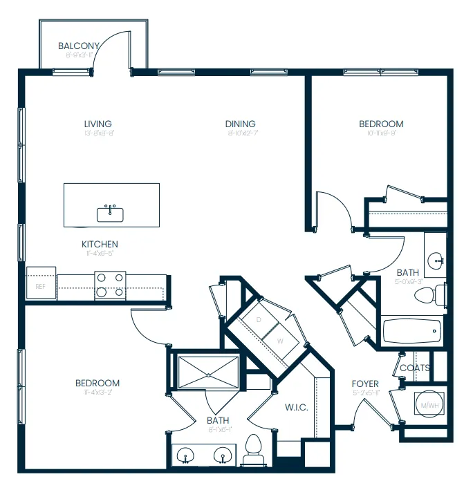 Modern floor plan featuring 2 bedrooms, open kitchen with island, spacious living and dining area, 2 bathrooms, and private balcony.
