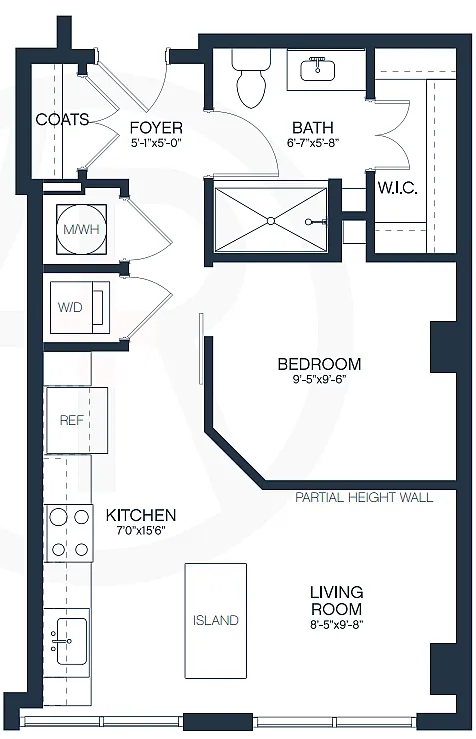 Modern floor plan showcasing a cozy one-bedroom apartment with open kitchen and island, spacious living room, and walk-in closet.