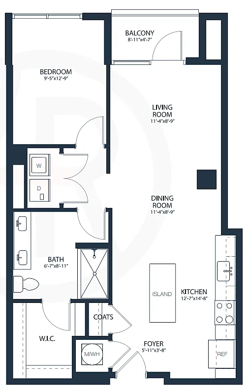 Modern floor plan showcasing 1 bedroom with balcony, an open-concept living and dining area, and a sleek kitchen with island.