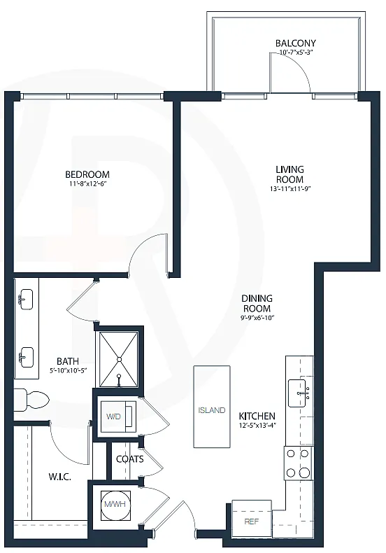Contemporary 1-bedroom floor plan featuring an open living and dining area, sleek kitchen with island, and private balcony access.