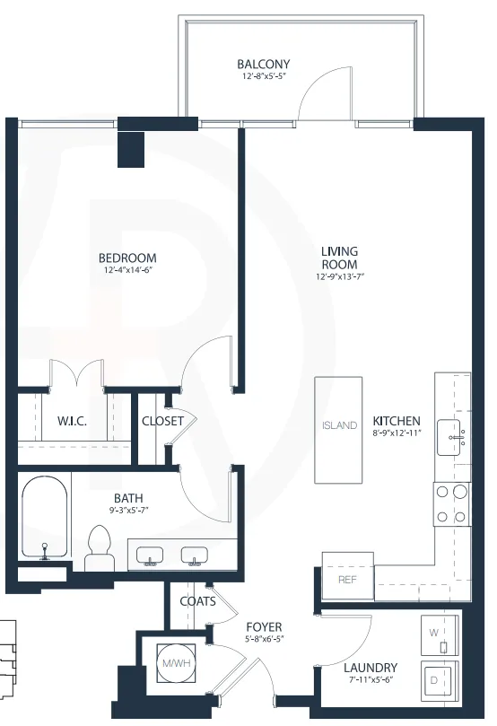 Elegant floor plan featuring a spacious bedroom, open-concept living and kitchen area with island, and a private balcony. Includes a walk-in closet, full bath, and convenient laundry room.