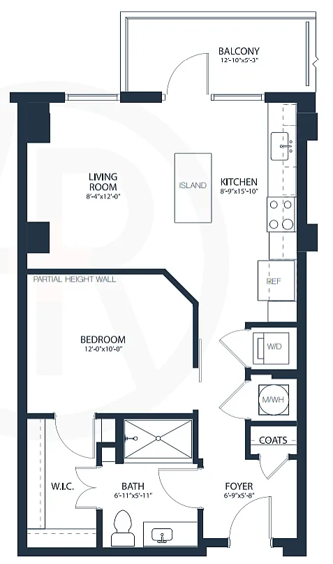 Modern floor plan showcasing 1 bedroom, open kitchen with island, spacious living room, and balcony.