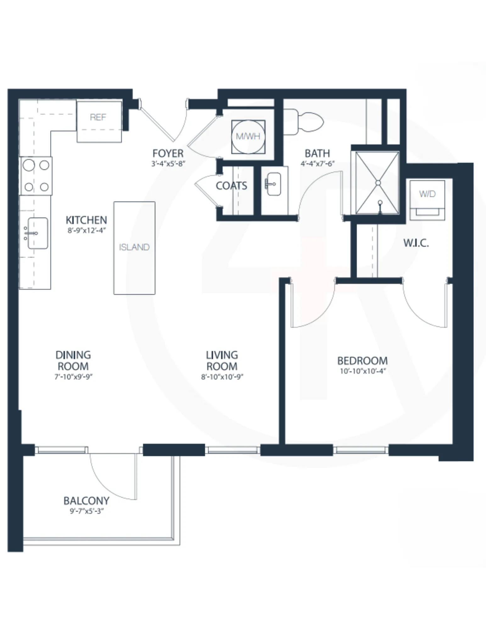 Modern apartment floor plan with a spacious bedroom, open-concept living and dining area, stylish kitchen with island, cozy balcony, and convenient bathroom layout.