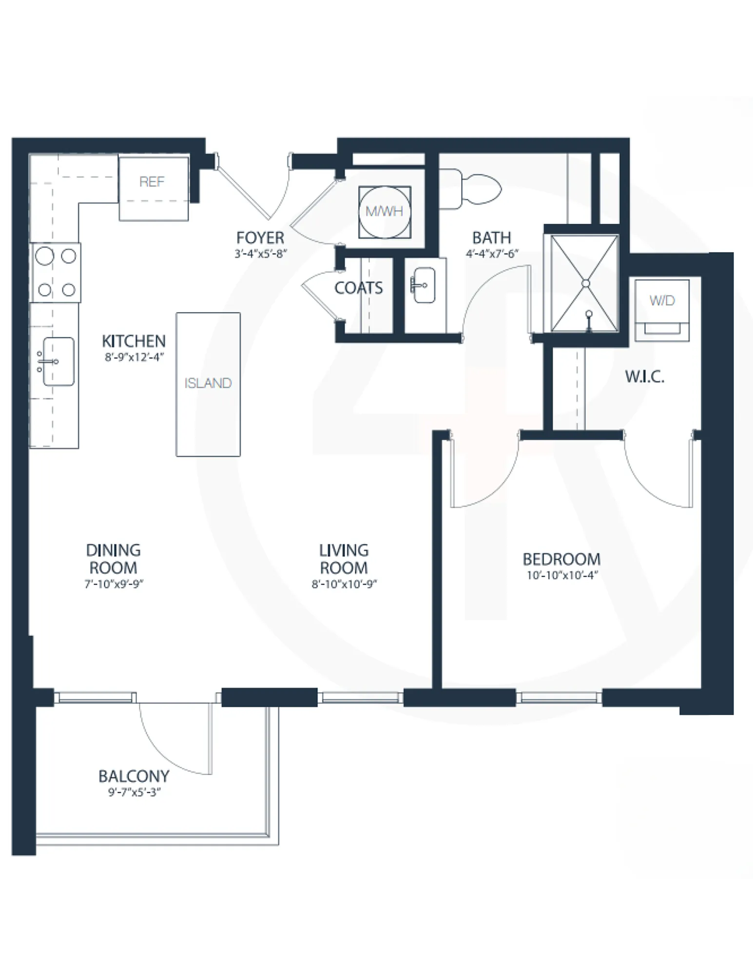 Modern floor plan showcasing an open-concept kitchen with island, spacious living and dining areas, cozy bedroom with walk-in closet, and private balcony.