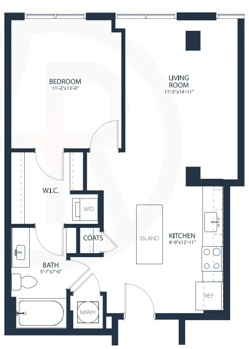Modern floor plan showcasing a spacious one-bedroom apartment with an open living room, sleek kitchen with island, and a convenient walk-in closet.