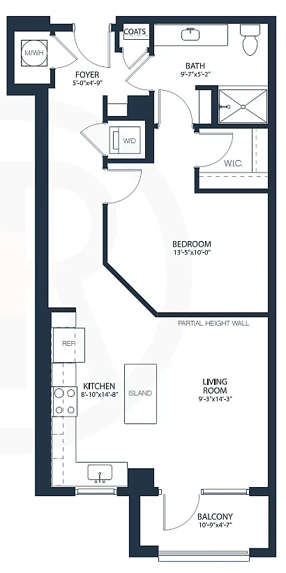 Modern floor plan featuring a spacious bedroom with walk-in closet, open-concept kitchen with island, stylish living room, and inviting balcony.