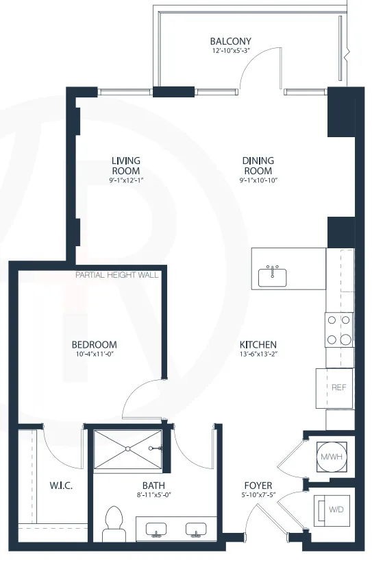 Contemporary floor plan featuring a spacious bedroom, sleek kitchen, dining room, living room, and a large balcony. Includes a bath, walk-in closet, and convenient laundry area.