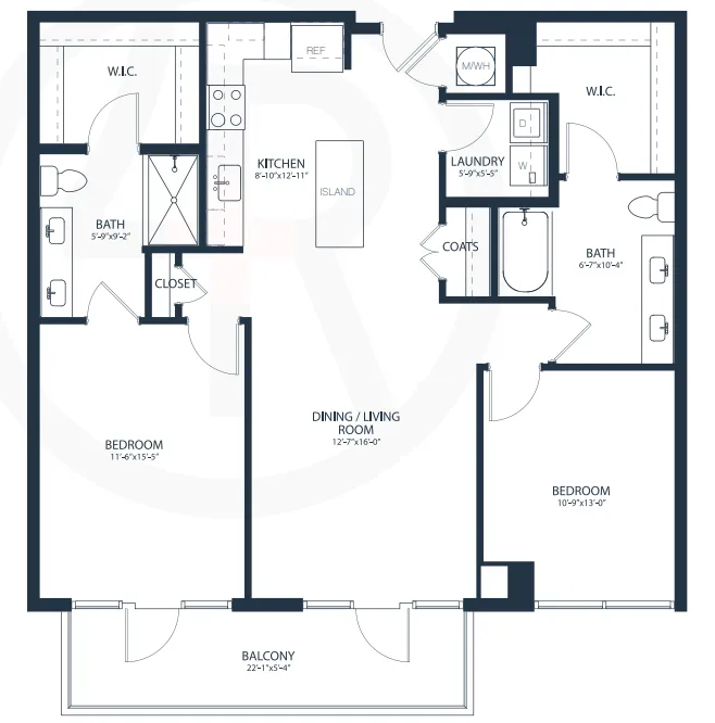Contemporary floor plan showcasing 2 spacious bedrooms, including walk-in closets, modern kitchen with island, and open living/dining area leading to a large balcony.