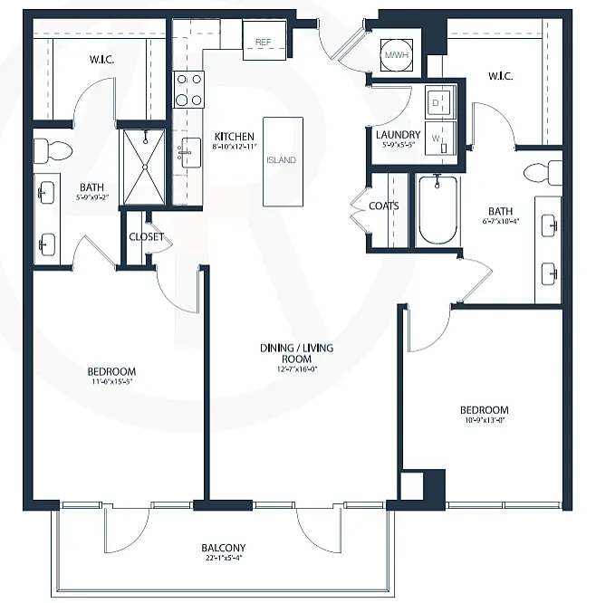 Modern floor plan showcasing 2 spacious bedrooms, open-concept kitchen with island, dining/living area, and a large balcony ideal for relaxation.