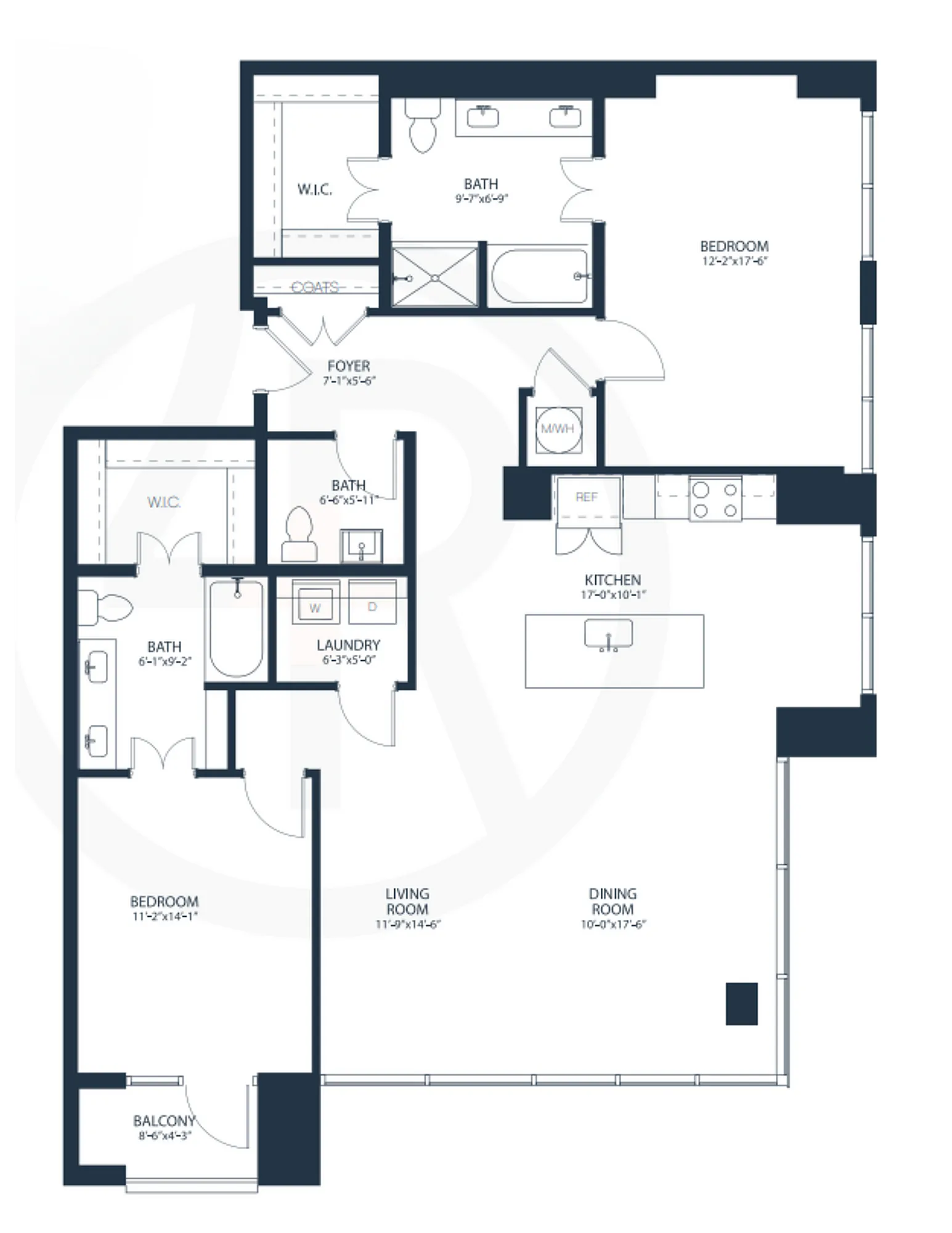 Contemporary floor plan showcasing 2 spacious bedrooms, an elegant living room, a modern kitchen, and a cozy balcony.