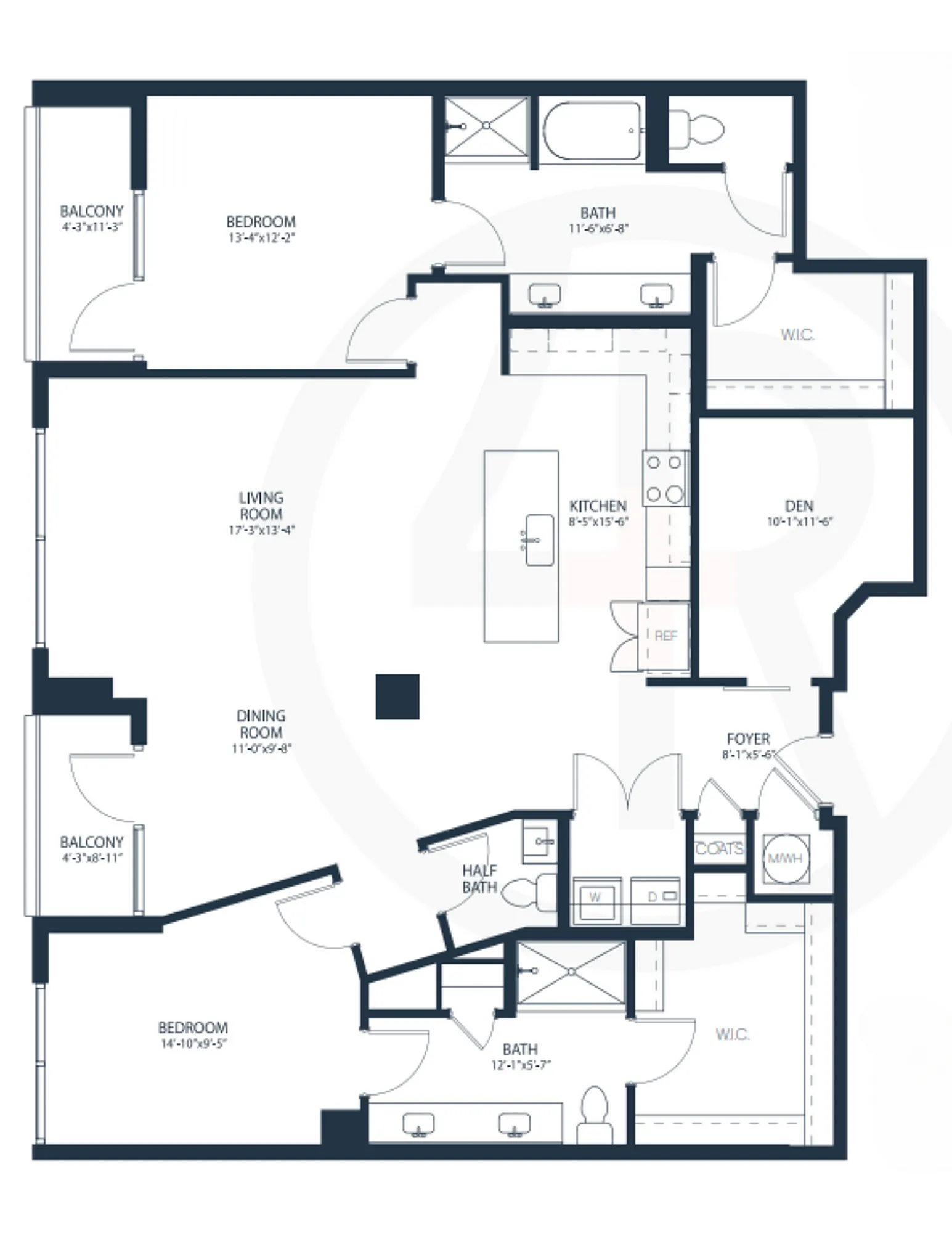 Chic floor plan featuring 2 bedrooms, 2 baths, a den, open kitchen with living and dining areas, and two balconies for relaxing.