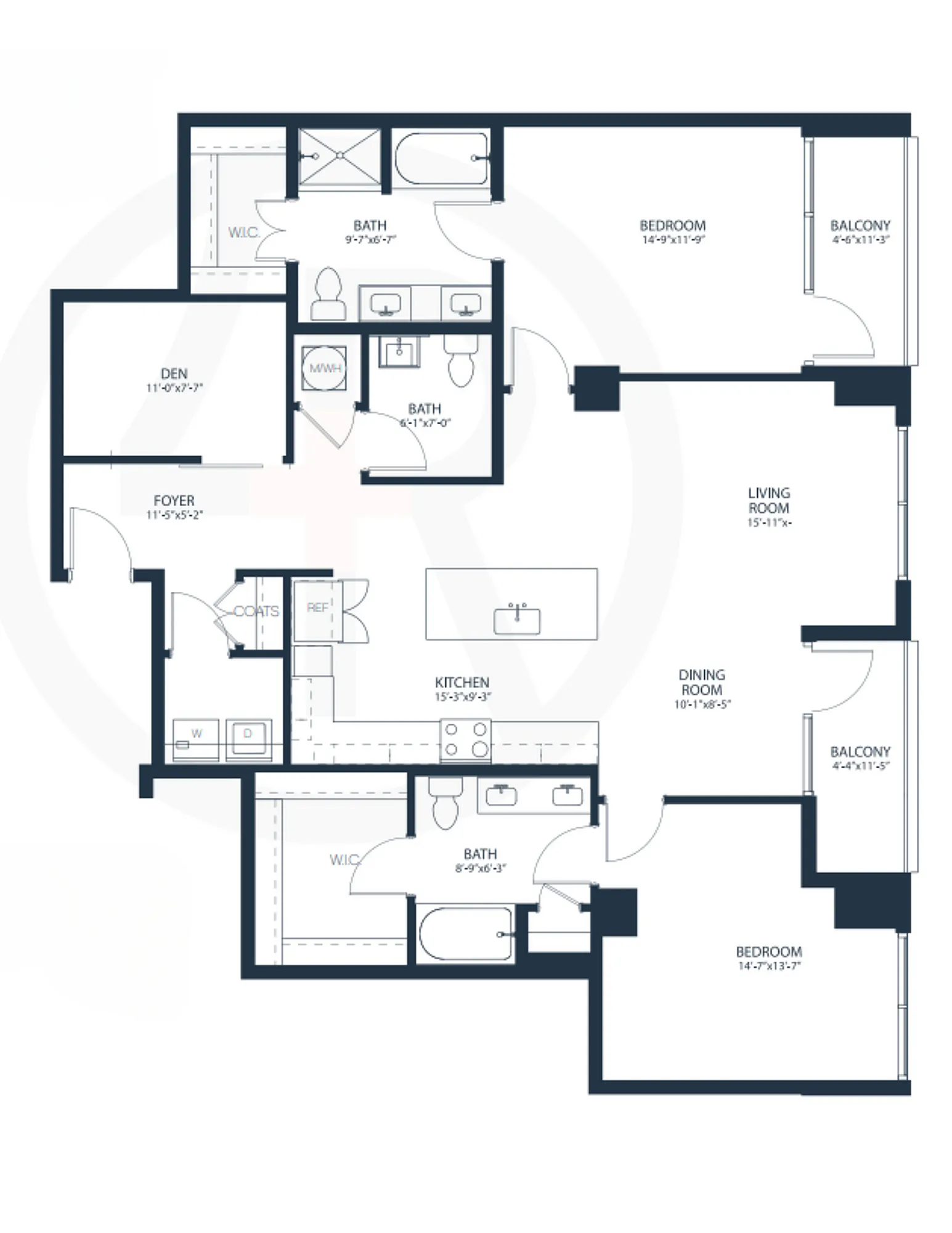 Sophisticated floor plan featuring 2 bedrooms, a den, open kitchen, and spacious living room with dual balconies.