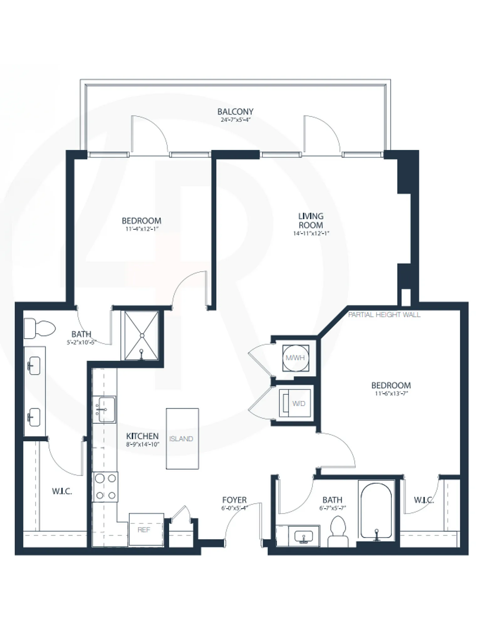Modern floor plan featuring 2 bedrooms, spacious living room, kitchen with island, and large balcony.