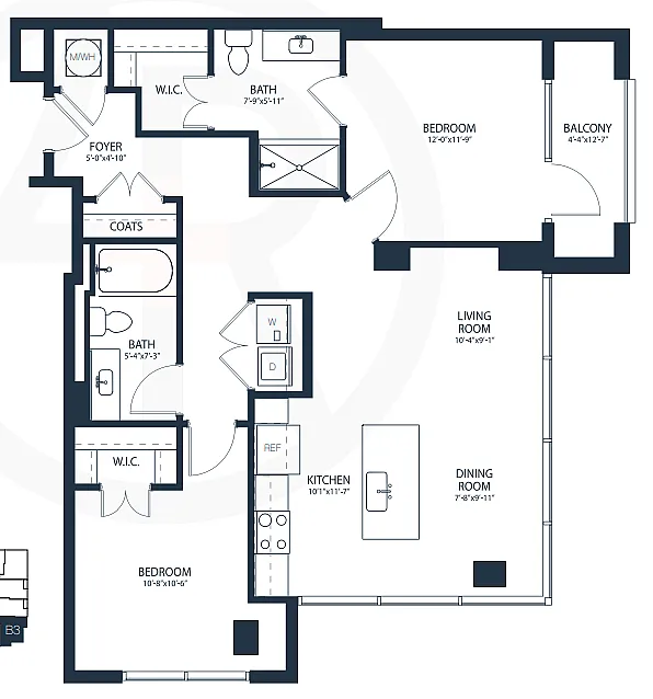 Elegant floor plan highlighting a spacious 2-bedroom, 2-bath apartment with a modern kitchen, open living and dining area, cozy balcony, and ample closet space.