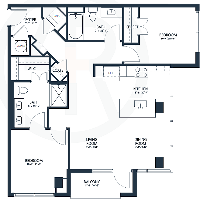 Elegant floor plan featuring 2 bedrooms, a spacious kitchen, and open-concept living and dining areas with a balcony.