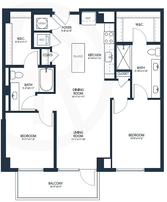 Elegant floor plan showcasing 2 bedrooms, a modern kitchen with island, open living and dining area, and expansive balcony.