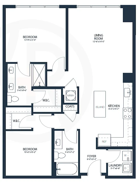 Modern floor plan showcasing 2 bedrooms, spacious living room, and open kitchen with island. Includes laundry room and two bathrooms for convenience.