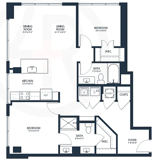 Modern apartment floor plan featuring 2 bedrooms, 2 bathrooms, a spacious kitchen with an island, and an open living and dining area, including walk-in closets and a dedicated foyer.