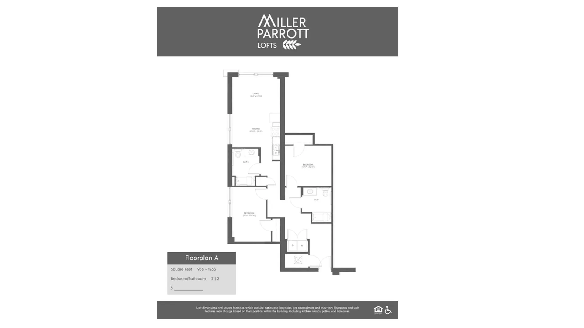 Miller Parrot Lofts Floorplan A showcasing a modern 2 bedroom, 2 bathroom layout with open living and kitchen space, spanning 966 to 1263 sq ft.