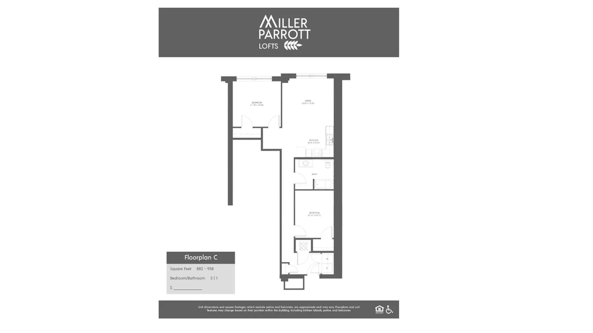 Miller Parrott Lofts Floorplan C boasting 2 bedrooms, a spacious living room, modern kitchen, and 1 bath, ranging from 882 to 938 sq ft.