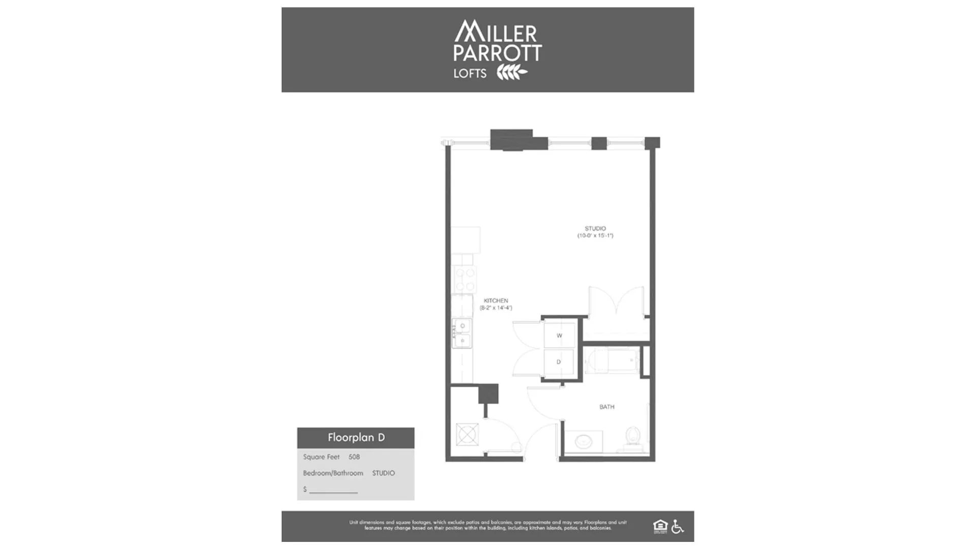 Miller Parrott Lofts Floorplan D featuring a spacious 508 sq ft studio with modern kitchen, cozy living area, and functional bathroom layout.
