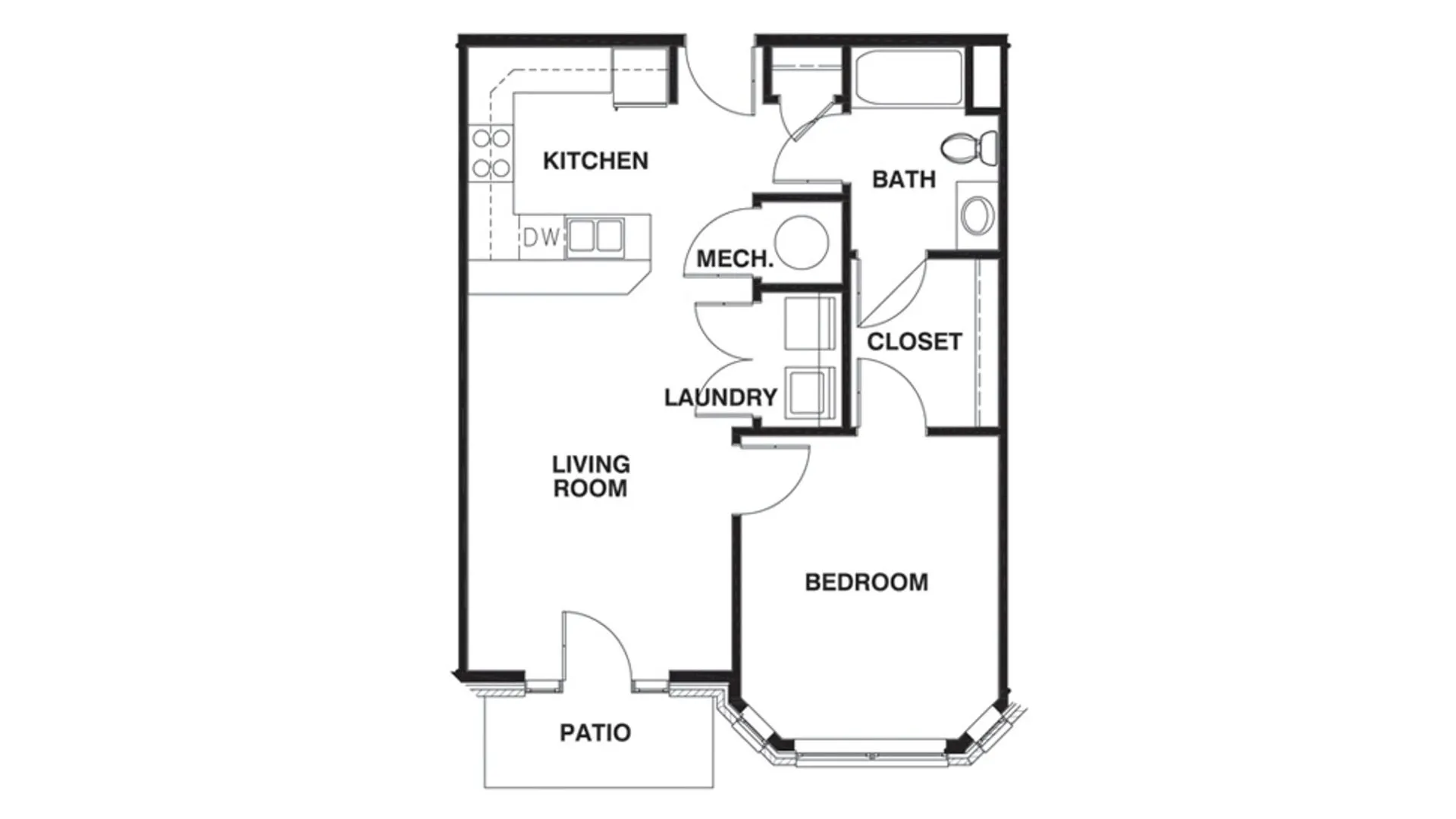 Inviting floor plan showcasing a modern 1-bedroom layout with a spacious living room, sleek kitchen, convenient laundry area, and a charming patio.