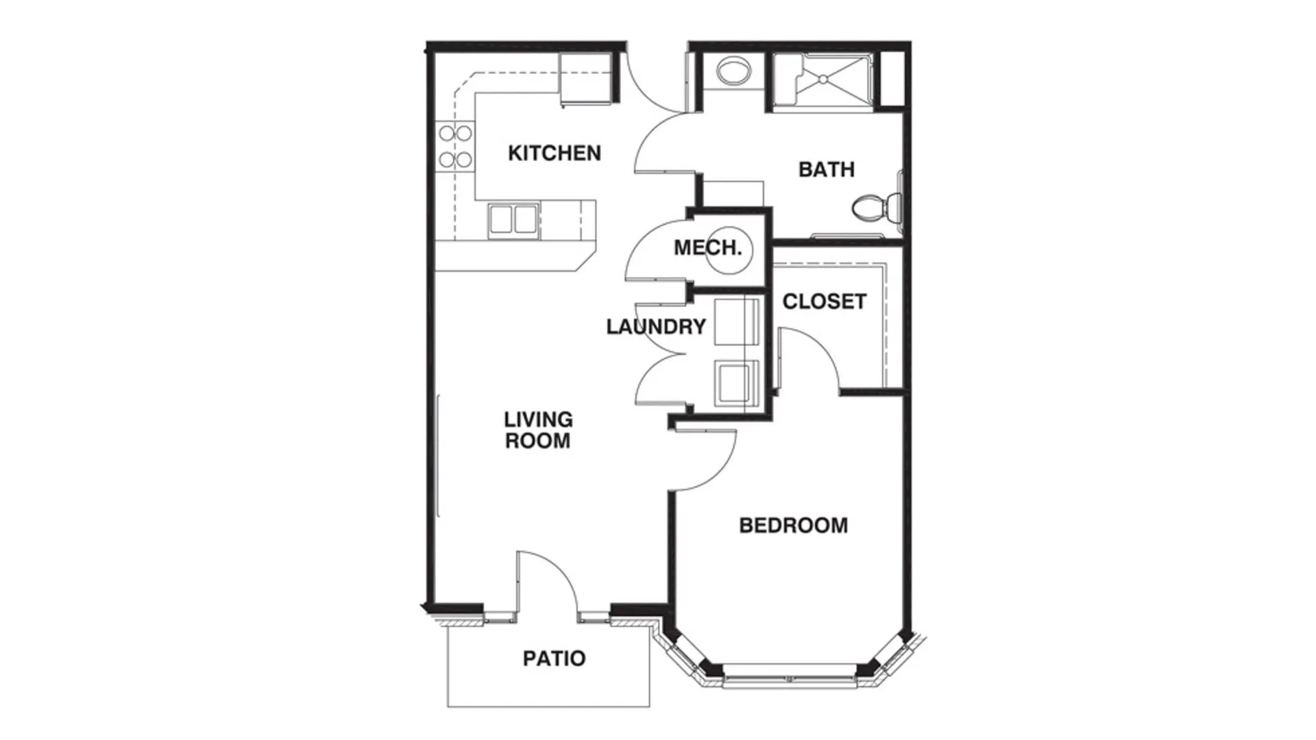 Modern 1-bedroom floor plan with an open kitchen, inviting living room, convenient laundry, and serene patio.