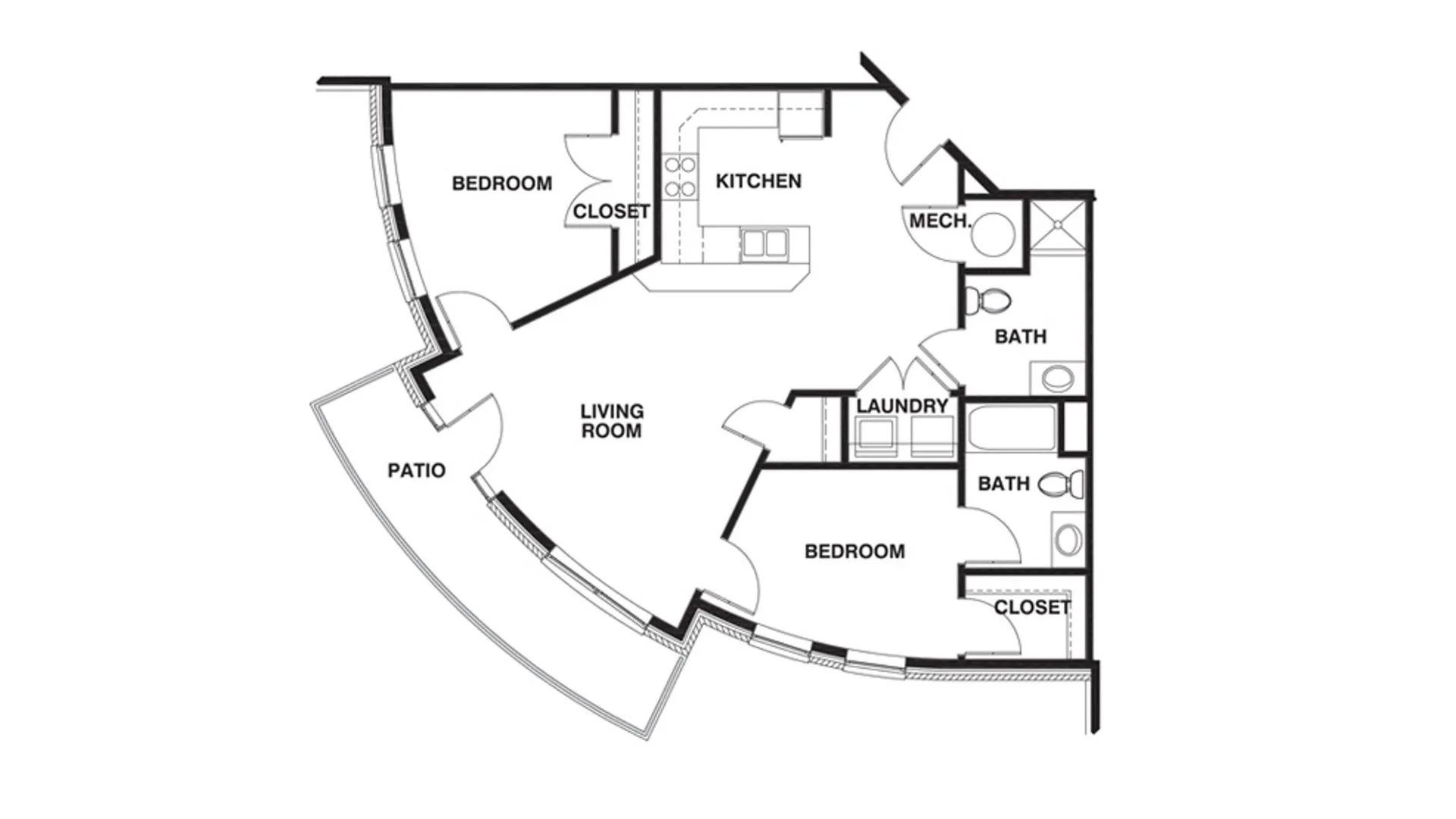 Modern floor plan showcasing two bedrooms, two bathrooms, an open living room, spacious kitchen, and inviting patio area.