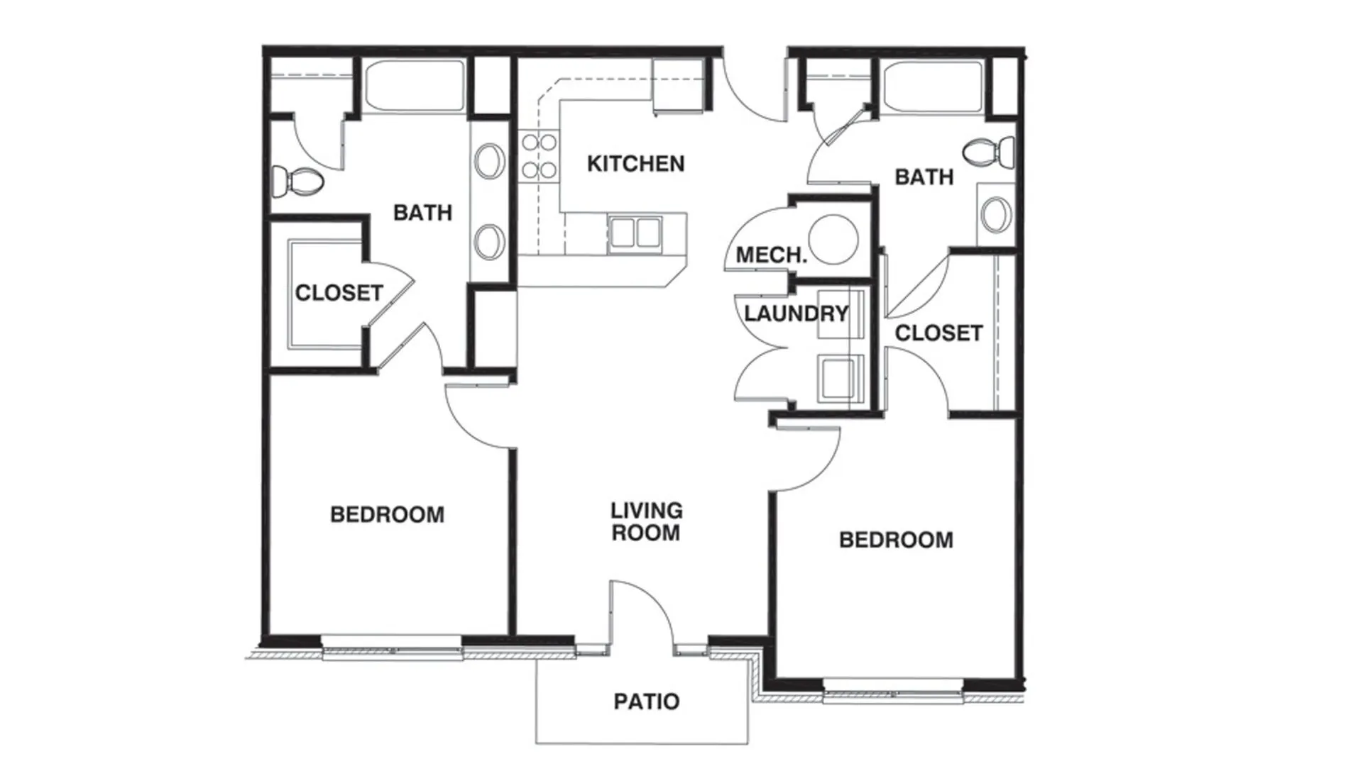 Contemporary floor plan showcasing 2 bedrooms, an open living room, modern kitchen, 2 baths, and a charming patio.