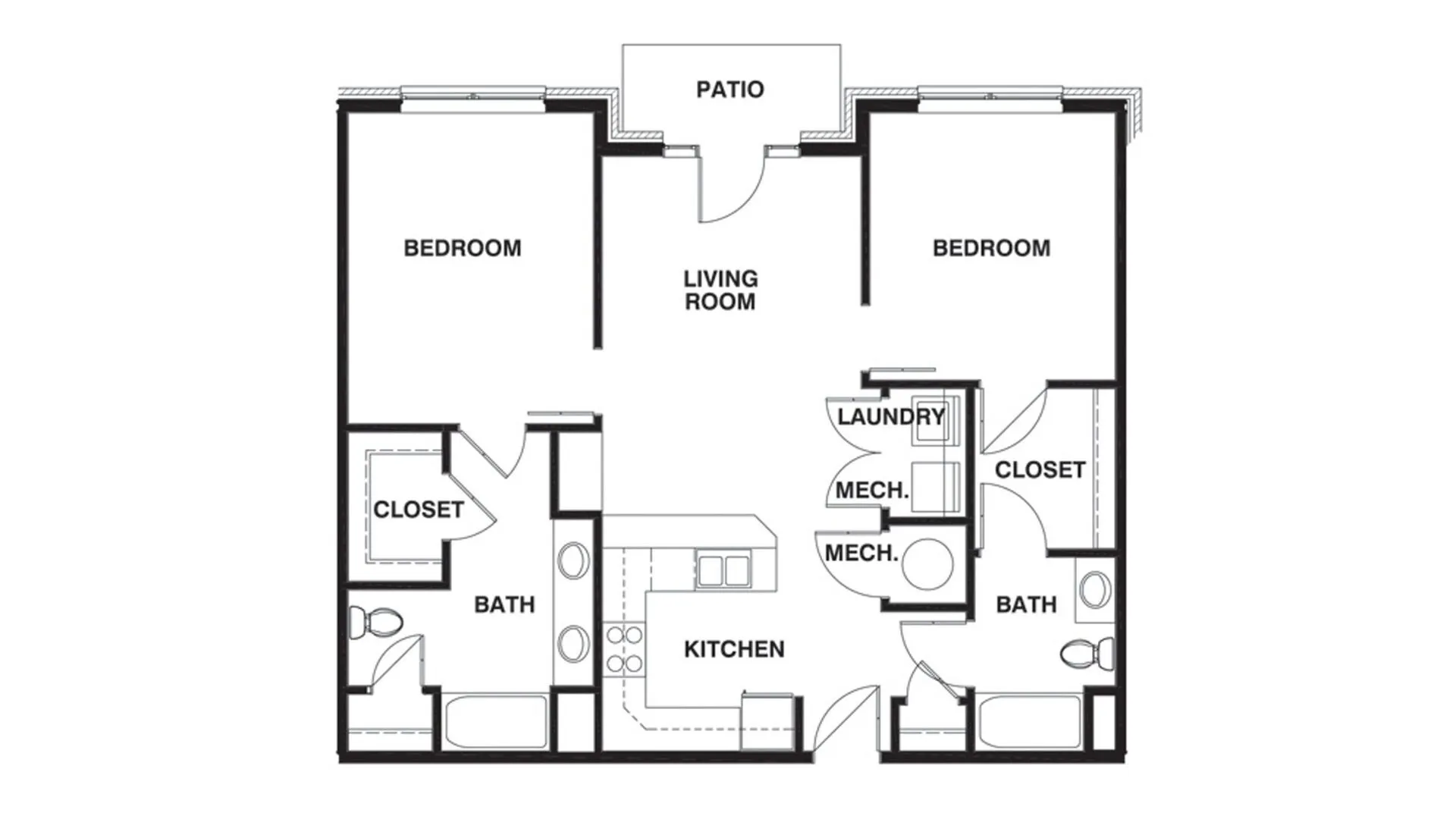 Modern floor plan showcasing 2 bedrooms, an inviting living room, a practical kitchen, and a cozy patio.