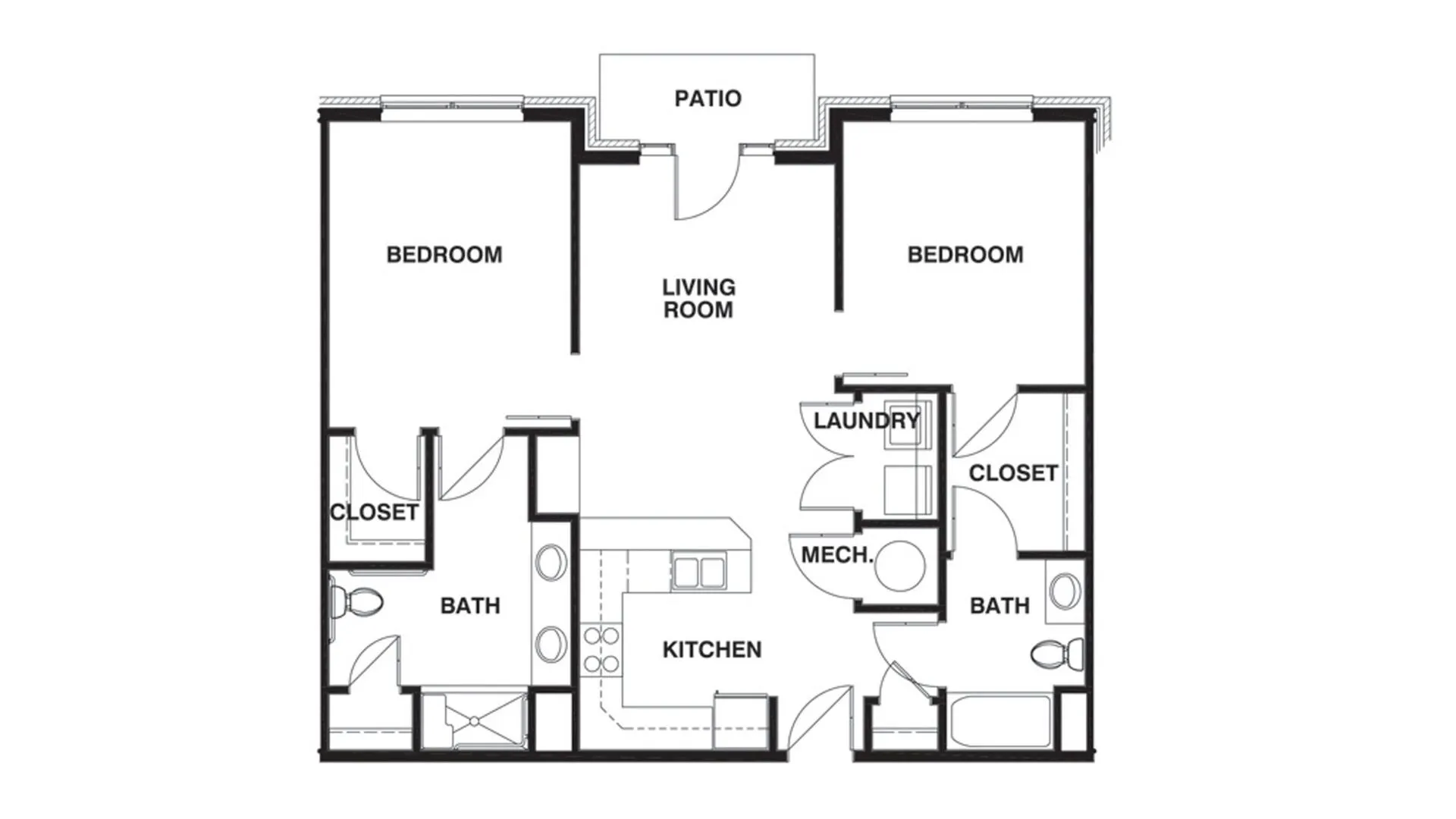 Chic floor plan showcasing 2 bedrooms with attached baths, a modern kitchen, and a cozy living room leading to a private patio.