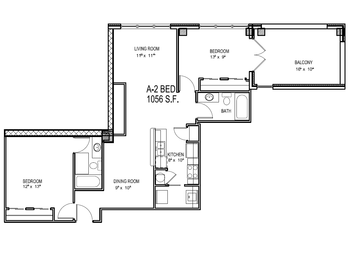 Chic A-2 floor plan layout showcasing 1056 sq. ft. with 2 bedrooms, a bright living room, a modern kitchen, and a spacious balcony.
