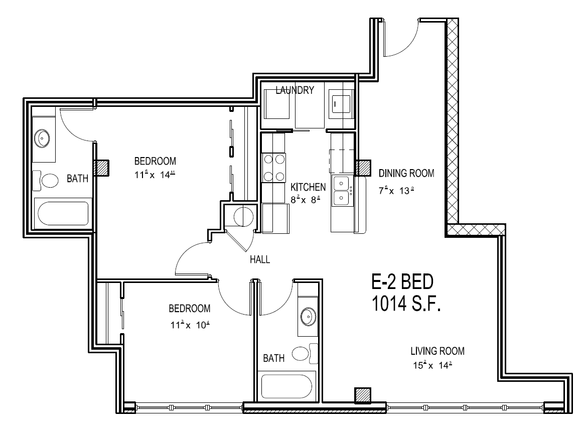 Sophisticated floor plan of a 1014 sq ft apartment featuring 2 bedrooms, 2 bathrooms, a spacious living room, modern kitchen, dining area, and convenient laundry space.
