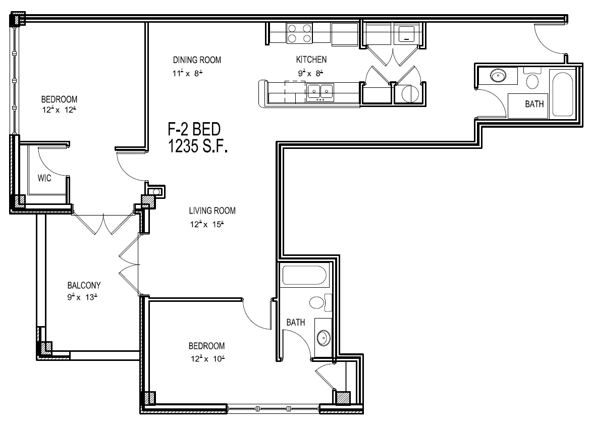 Elegant floor plan of a 2-bedroom apartment featuring 1235 sq ft, includes an open living room, dining area, modern kitchen, two baths, and a spacious balcony.