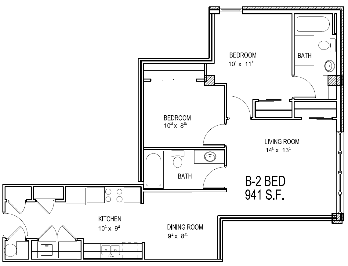 Contemporary 2-bedroom floor plan with spacious living room, modern kitchen, and elegant dining area, totaling 941 sq ft.