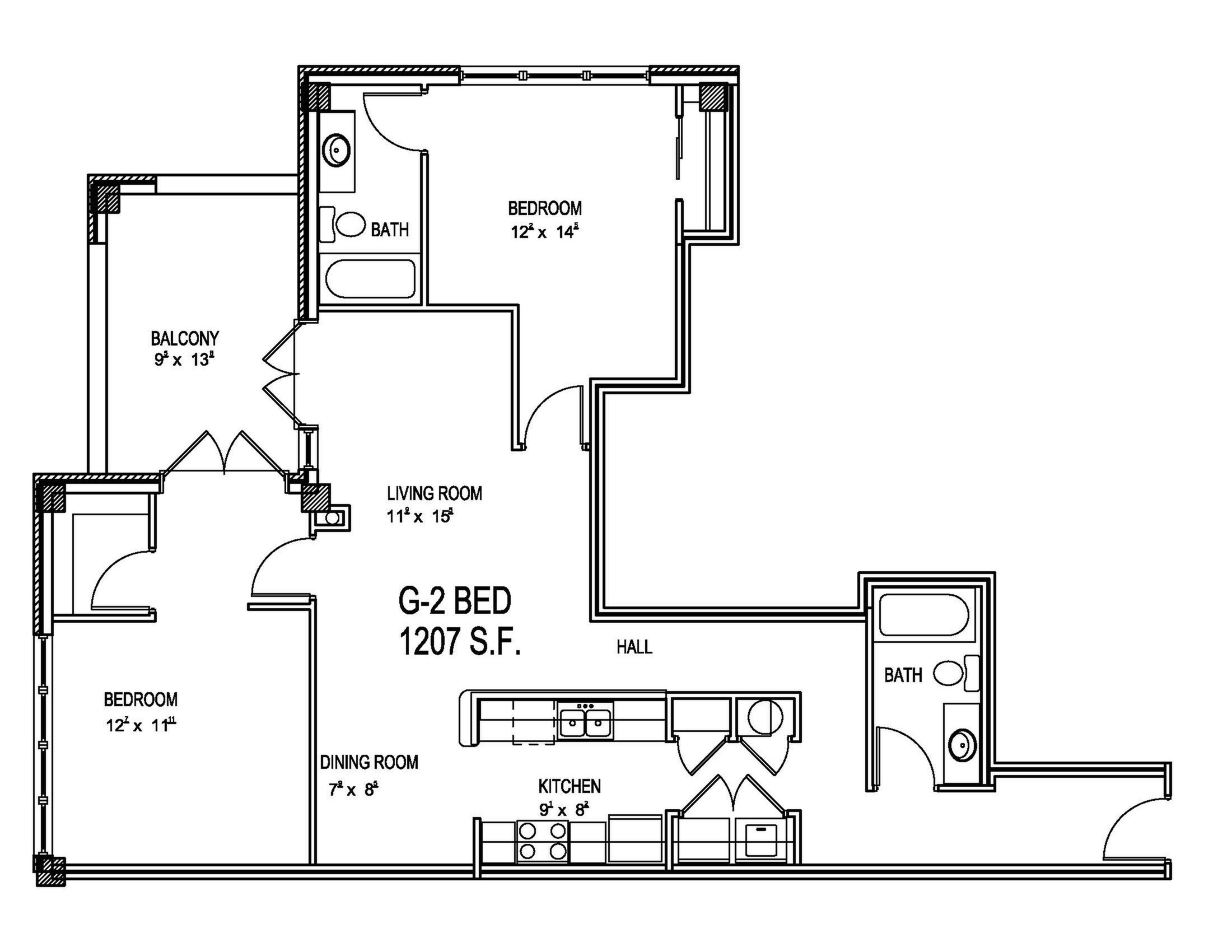 Modern floor plan with 2 bedrooms, 2 bathrooms, spacious living room, dining area, and kitchen, featuring a cozy balcony. Total area 1207 sq ft.