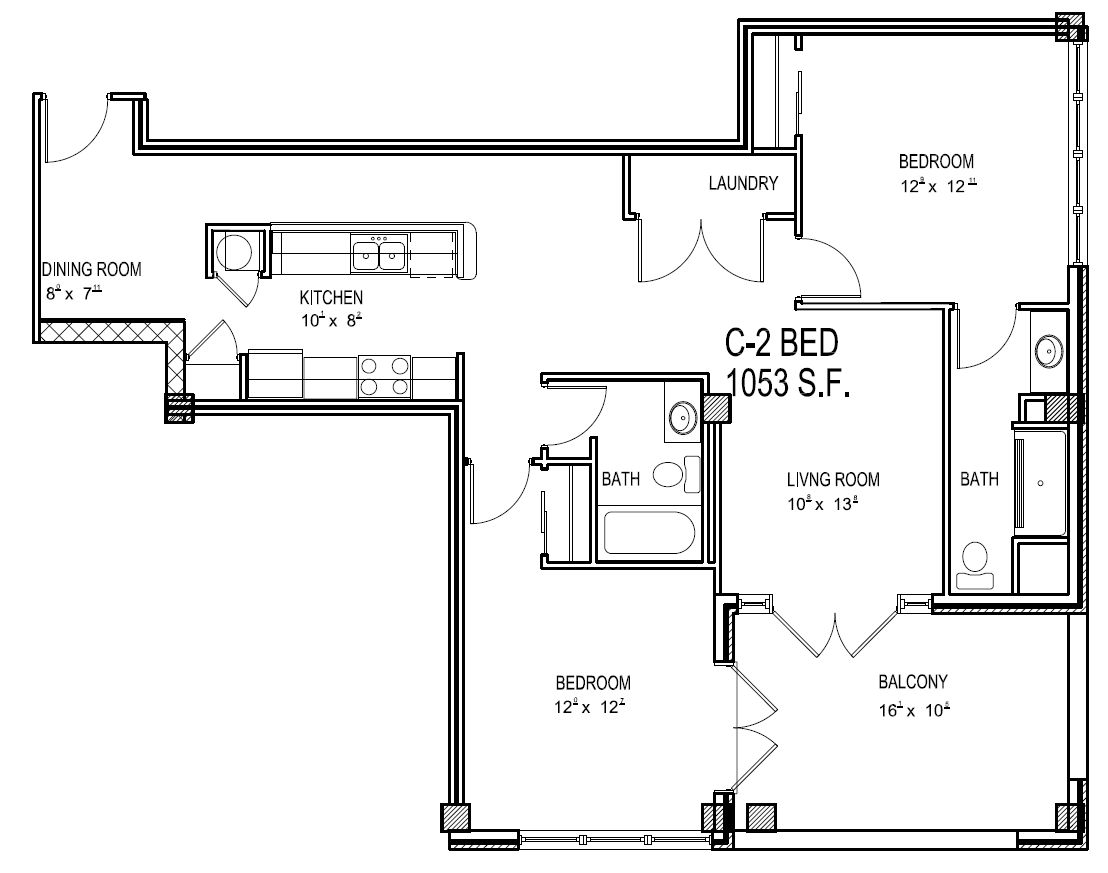 Modern C-2 apartment floor plan with 1053 sq ft, featuring 2 comfortable bedrooms, 2 elegant bathrooms, a spacious living room, a cozy dining room, and a well-equipped kitchen with an adjoining laundry area, plus a balcony for outdoor relaxation.