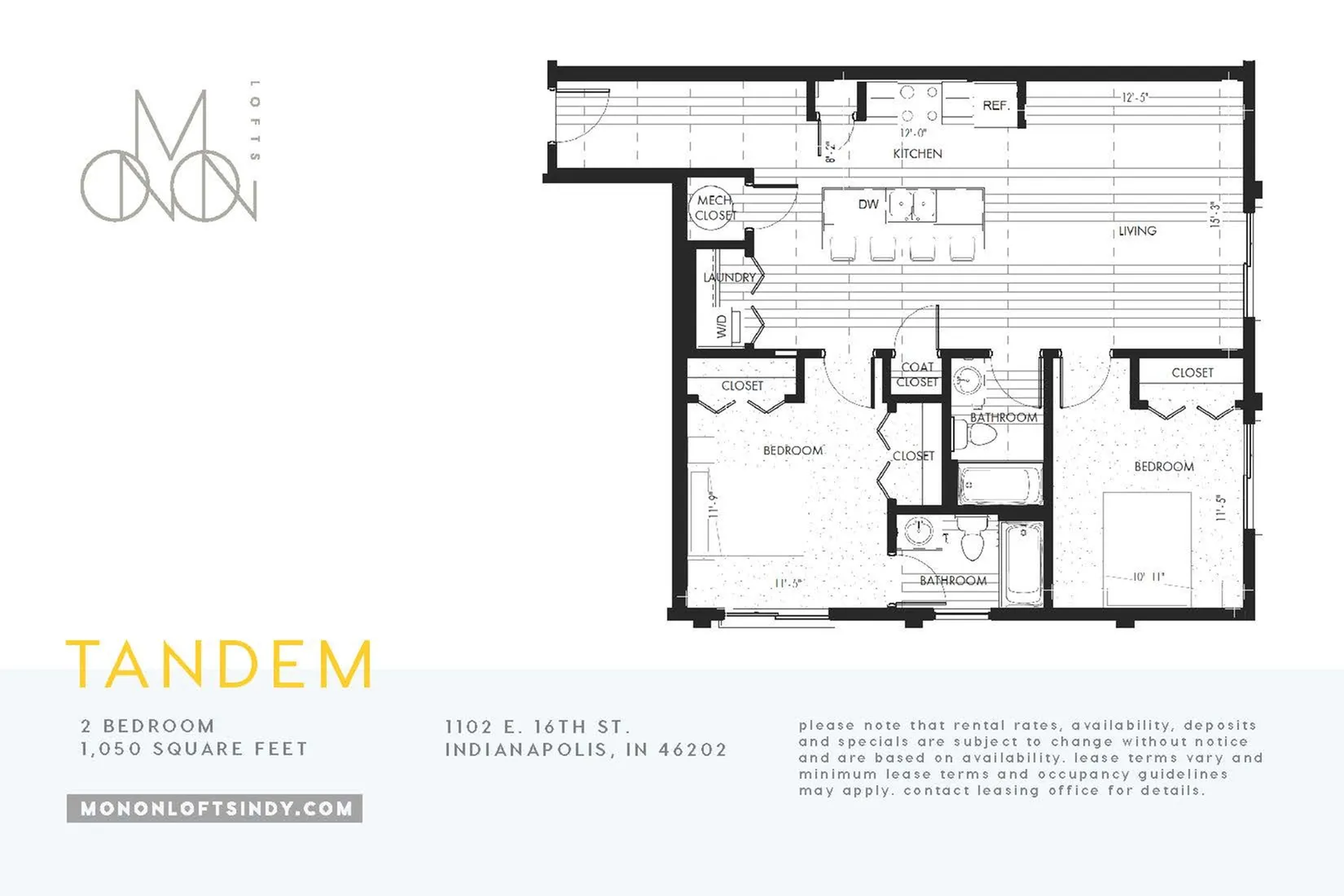 Tandem floor plan showcasing 2 bedrooms, spacious living area, and modern kitchen in Indianapolis, 1,050 sq ft.