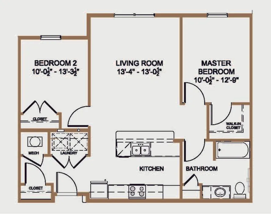 Contemporary apartment floor plan featuring 2 bedrooms with closets, a spacious living room, a functional kitchen, and a bathroom. Includes a convenient laundry area and a master bedroom with a walk-in closet.