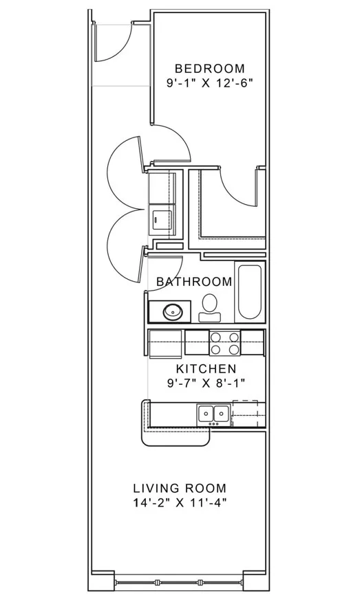 Efficient apartment floor plan featuring 1 bedroom, stylish bathroom, compact kitchen, and spacious living room.